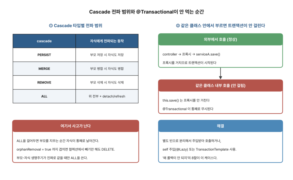 JPA Cascade 전파 범위와 @Transactional self-invocation 문제 다이어그램